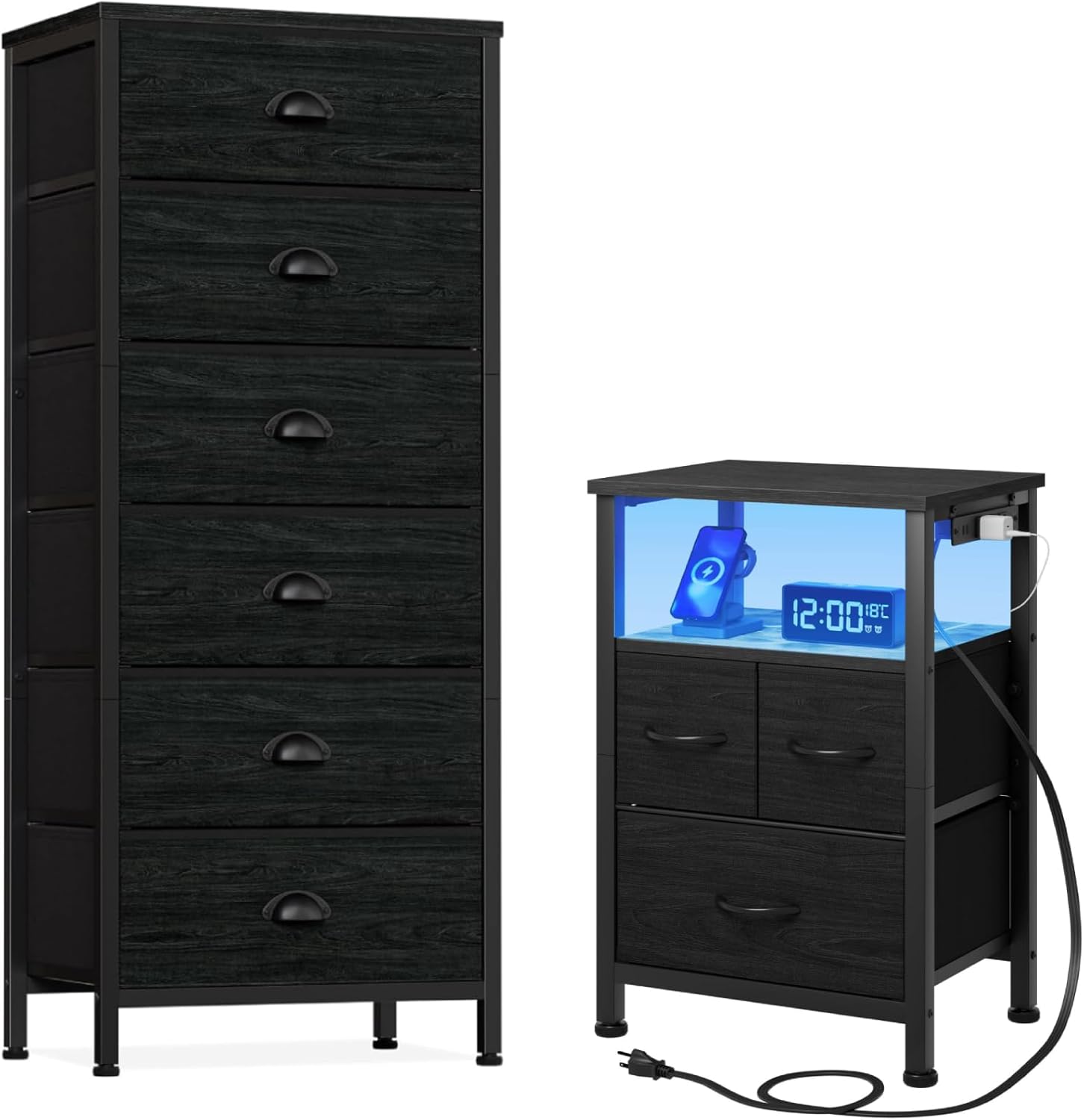 Furnulem Dresser and Nightstand Sets, Tall Dresser with 6 Drawers,Vertical Bedside End Table and Chest for Bedroom+Black Nightstand with Wood Shelf