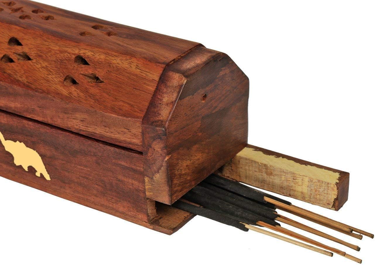Stylla London® Beautiful Handmade Wooden Brown Incense Stick Holder Box with Jali Elephant Motif Brass Inlay - Image 4