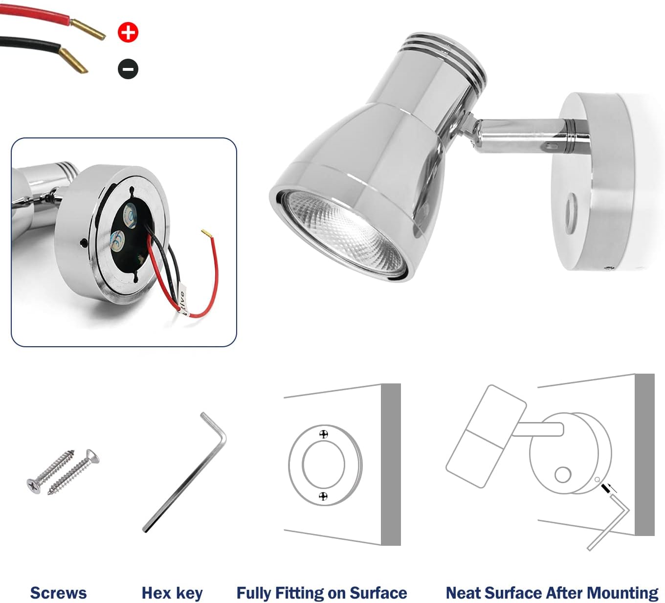 THALASSA 3W RV Stepless Dimmable Reading Light for Boat 12V Interior Lights Camper Caravan Vehicle Motorhome Bedside Lamp DC 10-30V Warm White, Polished Chrome, with Built-in Touch Switch