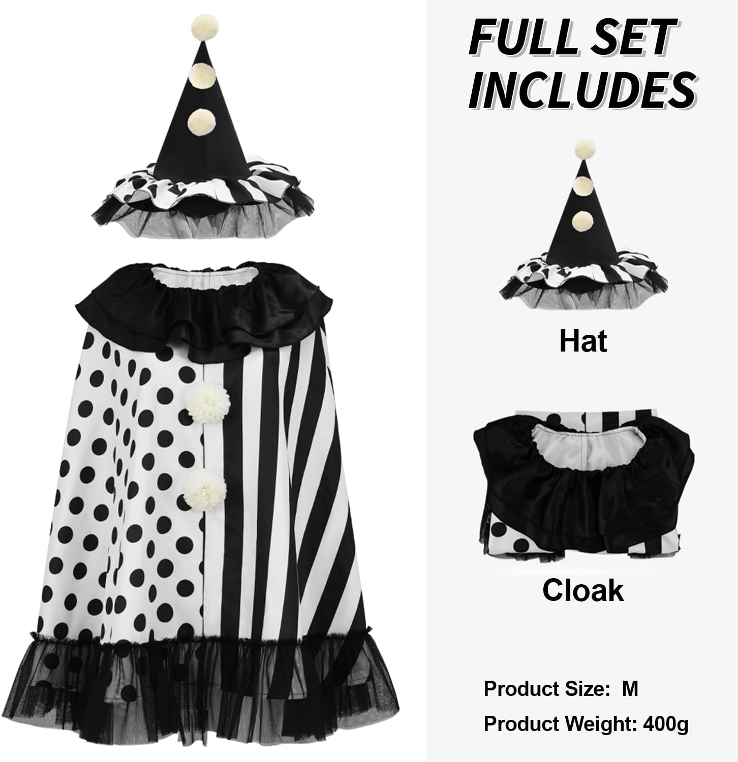 Scary Clown Costume Halloween Black and White Cape Fuzzy Poms Jester Hat Horror Movies Cosplay for Adult