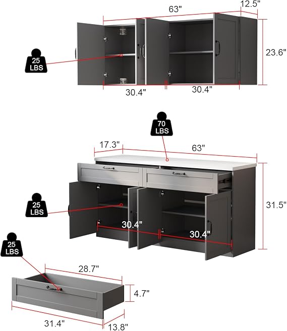 AIEGLE Large Kitchen Pantry Cabinet Set with Wall Mounted Storage Sideboard, Freestanding Wall Storage Cabinet with Shelves, 8 Doors & 2 Drawers, Utility Console Dining Cupboard, Grey 63 W