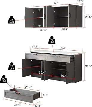AIEGLE Large Kitchen Pantry Cabinet Set with Wall Mounted Storage Sideboard, Freestanding Wall Storage Cabinet with Shelves, 8 Doors & 2 Drawers, Utility Console Dining Cupboard, Grey 63 W