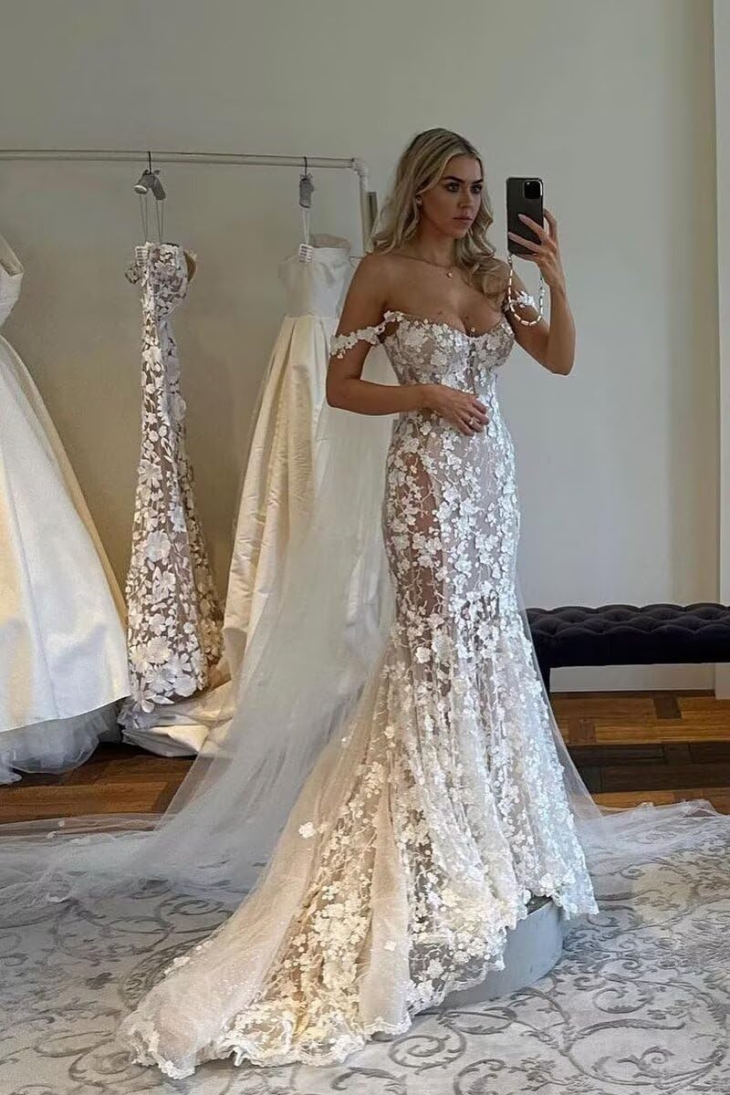 Women's Lace Mermaid Wedding Dresses for Bride Beach Tulle Applique Boho Bridal Dress for Bride with Train