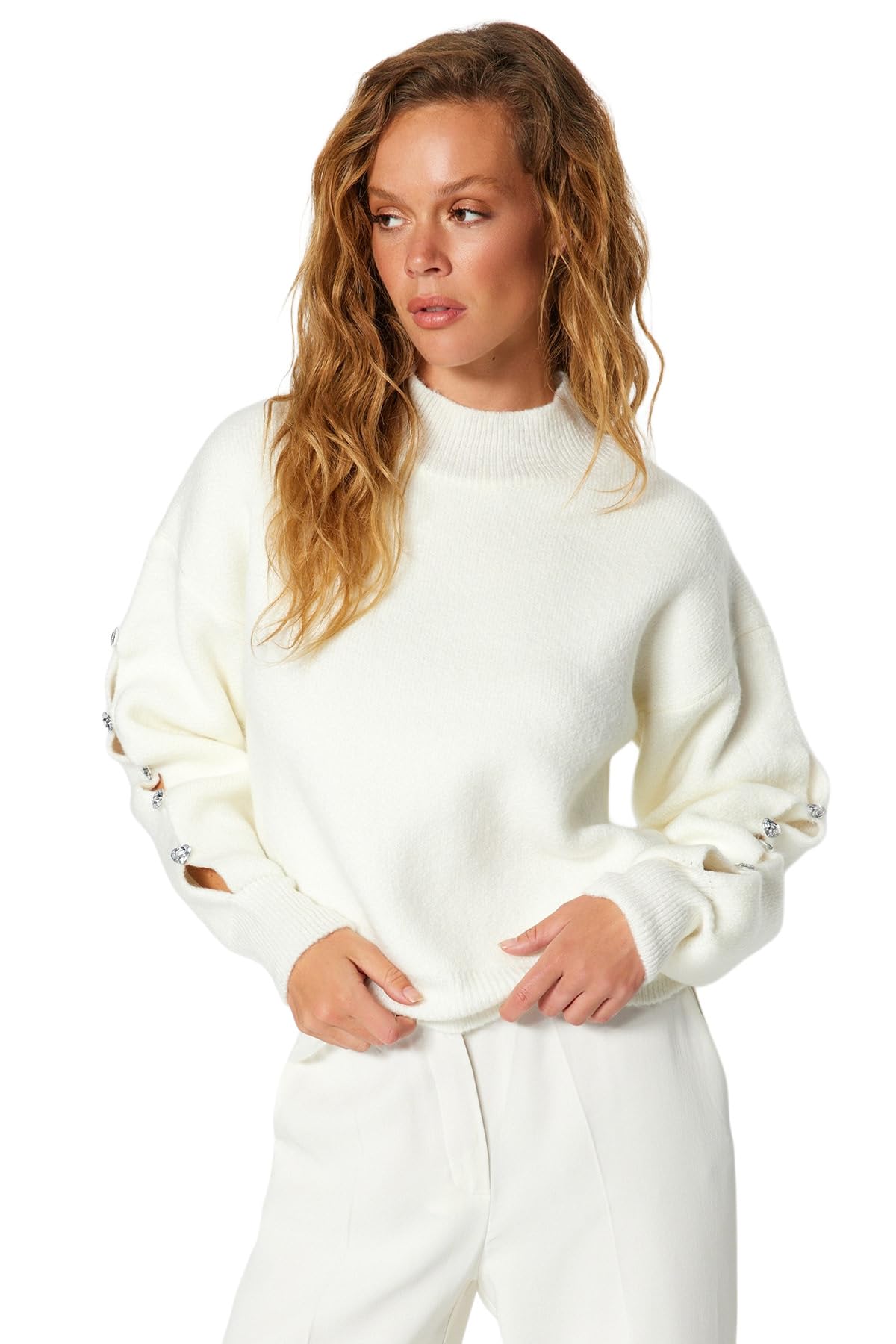 Trendyol Mujeres Recta Manga Larga Regular Suéter Sudadera, Crudo, L