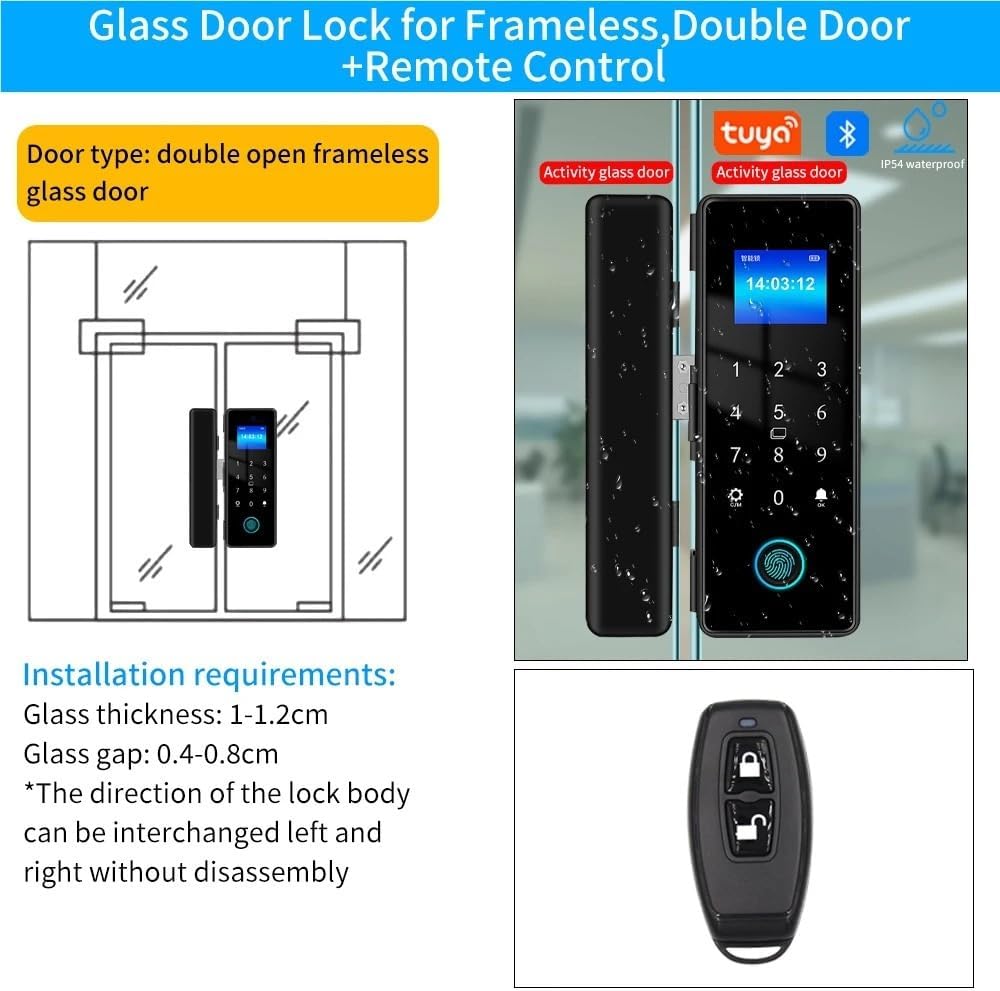Fingerprint Glass Door Wooden-Door Metal-Door Resistant Smart Home Security Door Lock Tuya APP IP65 Waterproof Outdoor(Double Frameless R1)