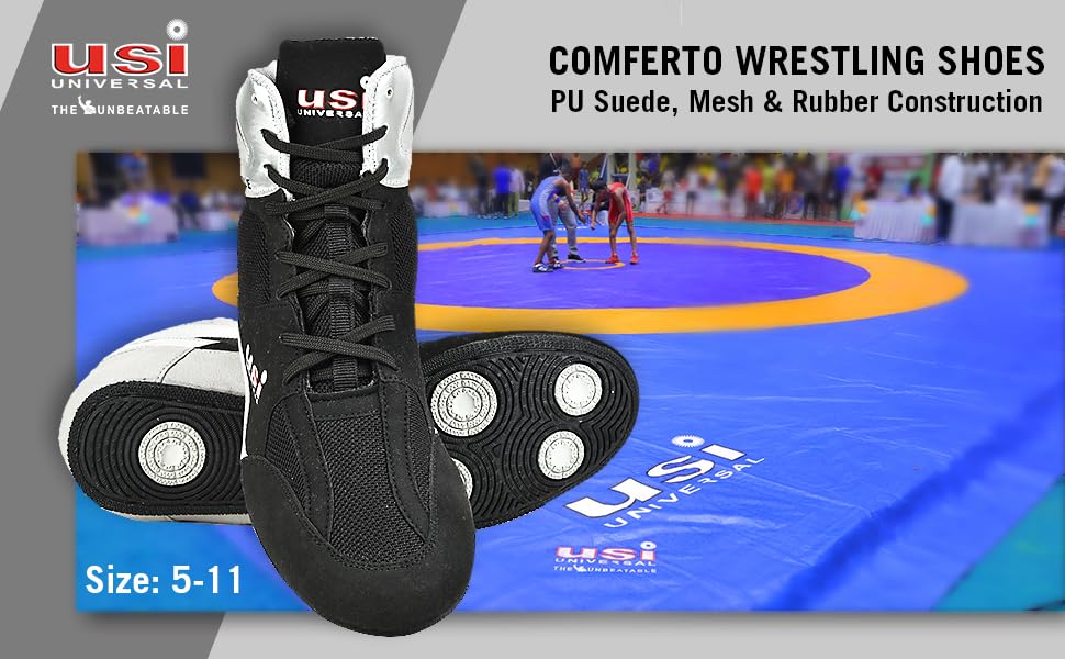 Image of USI UNIVERSAL 701WBG Comferto Black /Grey Sports Shoes for Wrestlers for Men & Women with Pu Suede, Mesh & Rubber Construction (7 UK /Ind)