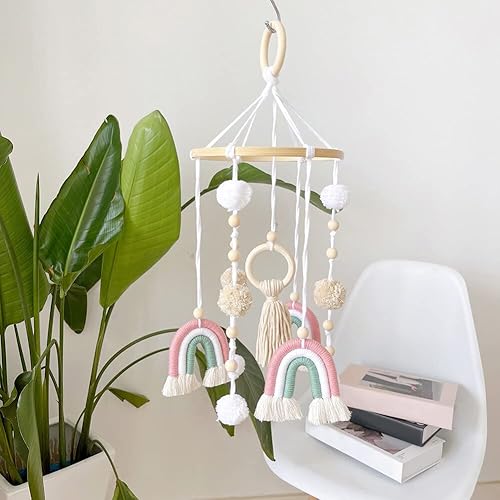 Miniatura 6 de Móvil de macramé para cuna  Móvil neutro de género para decoración de guardería  Decoración bohemia para colgar en la pared de arcoíris  Borlas para