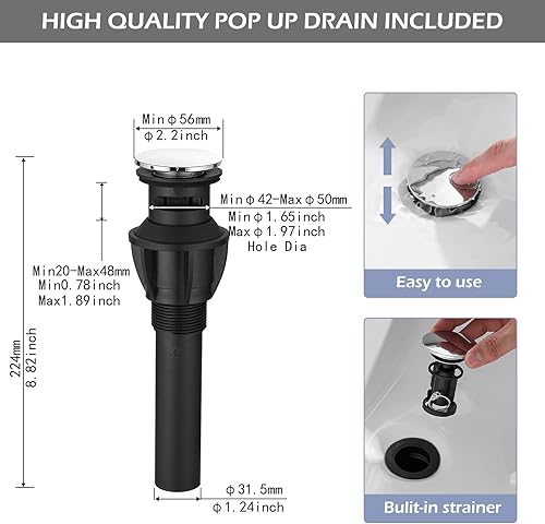 Miniatura 8 de BWE Grifo de lavabo cromado para lavabo, grifo de baño de 1 agujero, mango único, grifo de tocador alto, montaje en cubierta, grifo mezclador con