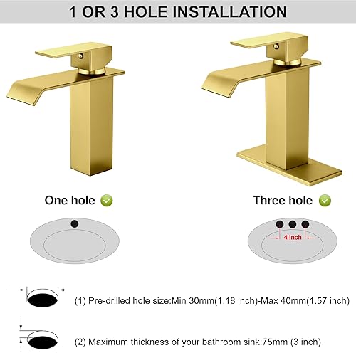 Miniatura 4 de Midanya Grifo para lavabo de baño en cascada de níquel cepillado, 1 mango, montaje en cubierta, 1 o 3 agujeros, grifo mezclador Morden con placa de