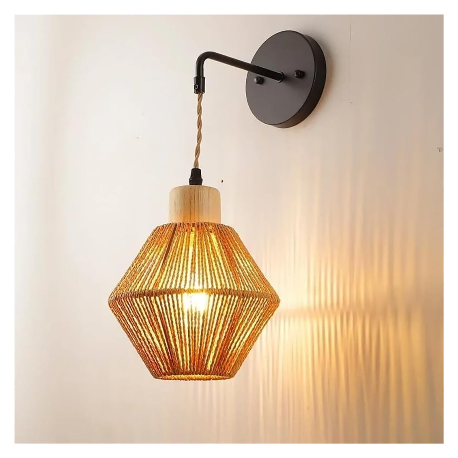 VDOQTLJT Rattan Wall Lamp Hand Woven Hemp Rope Shade Light Farmhouse Rustic Wicker Sconce V-intage E27 Lantern Lamps sconces(6.4in)
