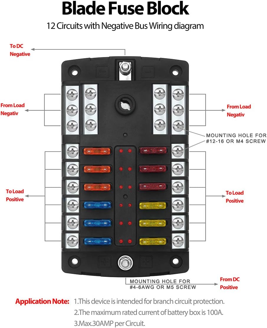 Jtron 12 Way Fuse Holder Box 12-32V with LED Warning Indicator Light Moisture-Proof Cover - with Negative Busbar Bracket, Suitable for Ships, Cars and Trucks, with 5A 10A 15A 20A 25A Blade Fuse