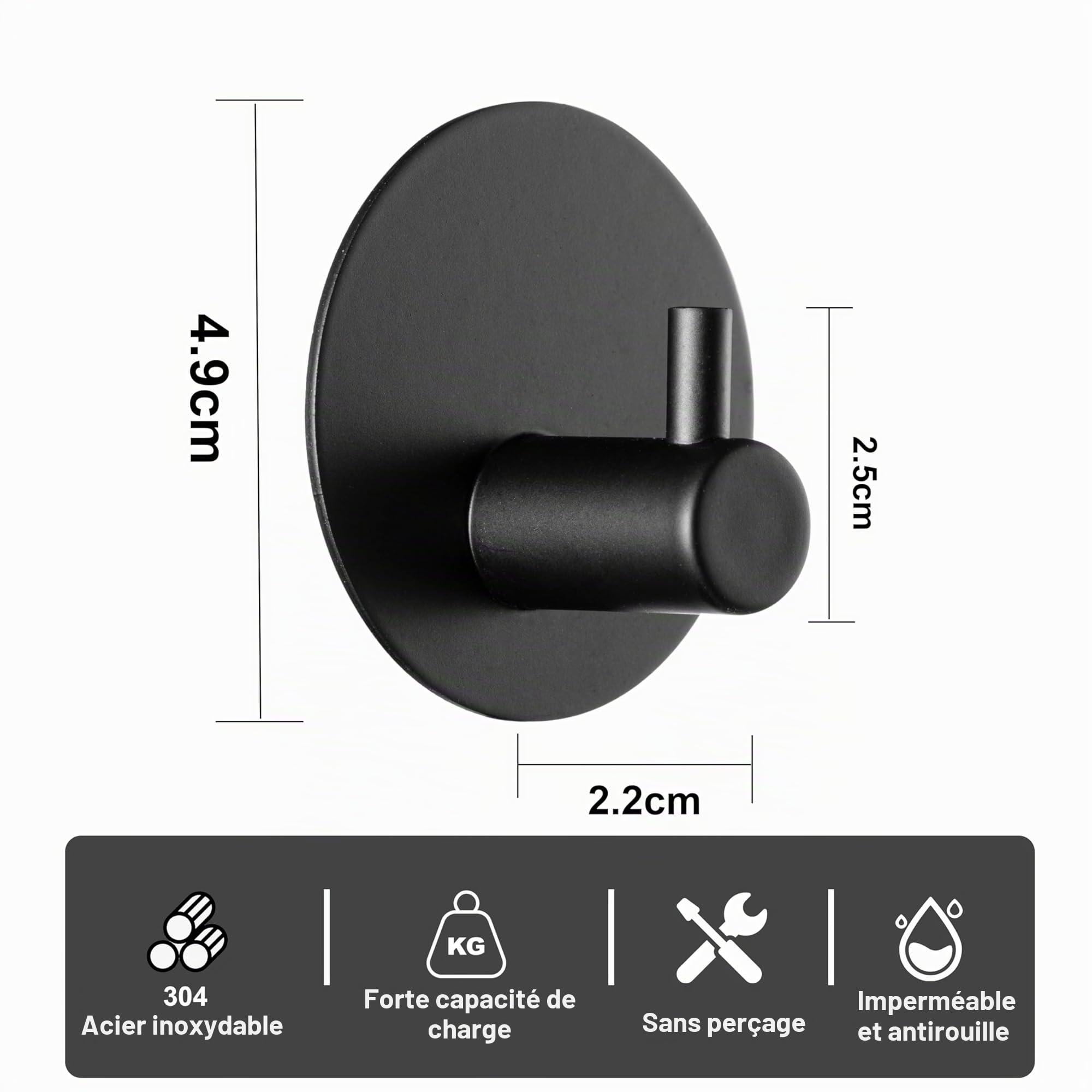 Feligio Crochet Adhésif Mural Noir 4 Pièces, Patère Salle de Bain Acier Inoxydable