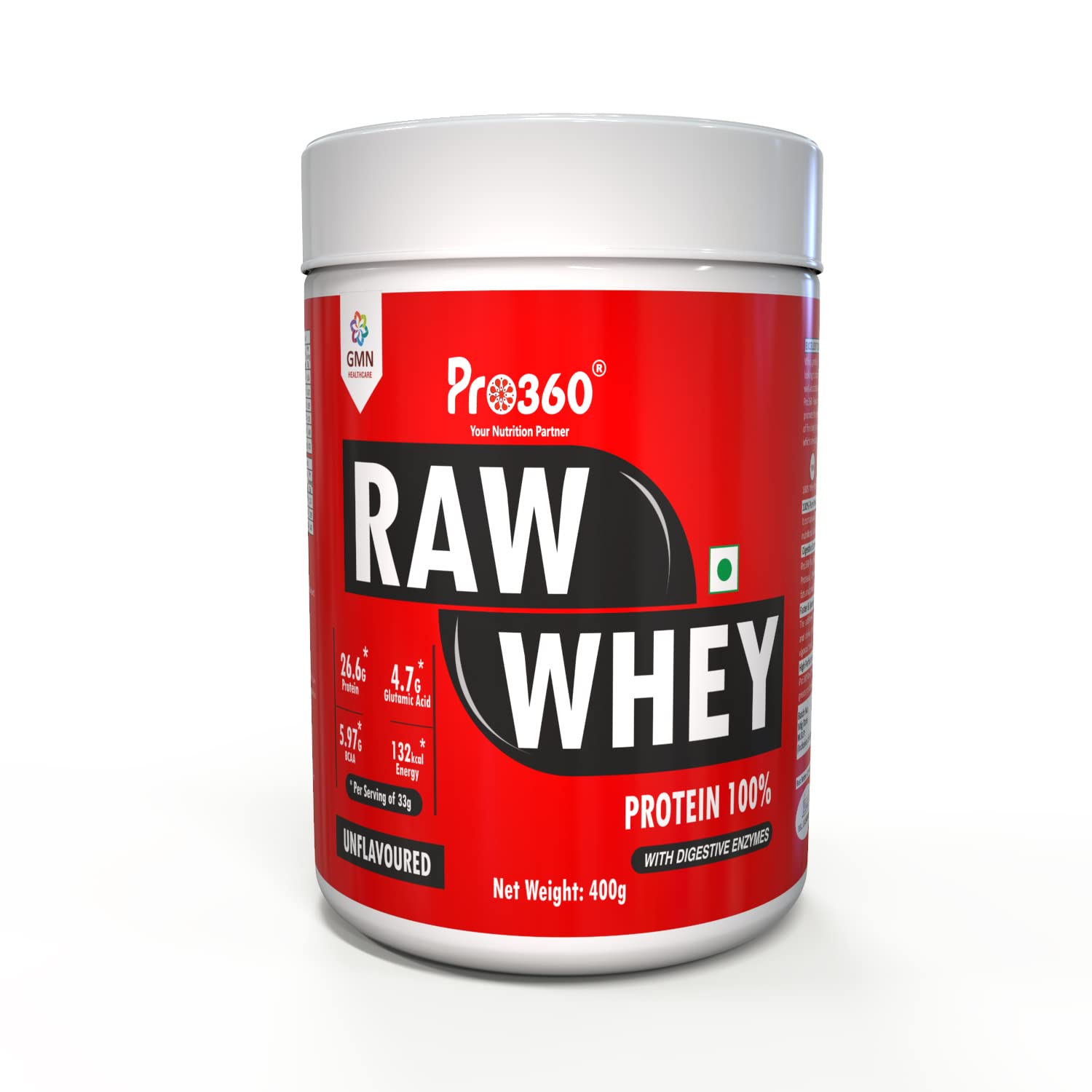 Raw Whey Protein 100% - Unflavored - 400gm (100% Whey with Digestive Enzymes, 26.6g Protein, 5.97g BCAA, 4.7g Glutamic Acid per Serving)