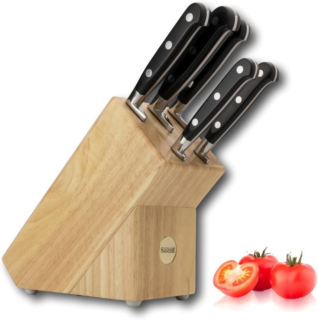 5 Piece Sabatier Professional Knife Block Set - Solid Wood Block, Full Tang, Quality High Carbon Steel Taper Ground Blades, Triple Rivet Comfort Handles. Sharper for Longer. by
