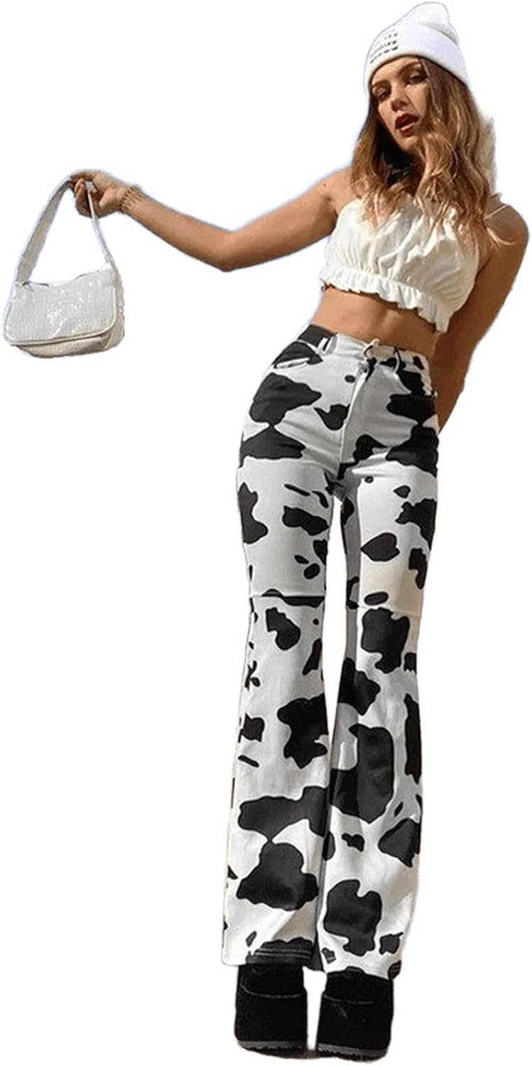 Trendy Brand Jeans, high Waisted Cow Print, Slim fit Flared Denim, high Waisted Pants for Women