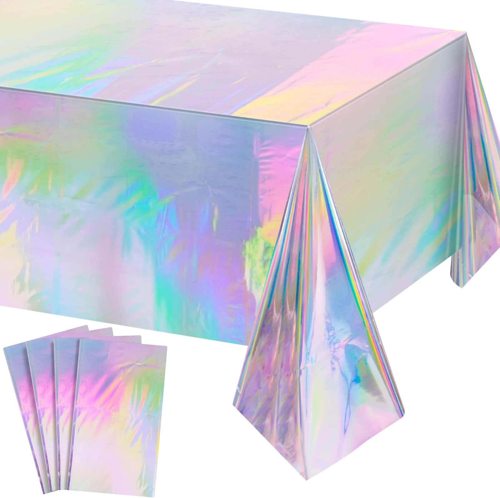 4 Pack Iridescent Plastic Tablecloths Shiny Disposable Laser Sparkle Rectangle Table Covers Holographic Foil Tablecloth Iridescent Party Decoration Birthday Wedding Disco Party, 54 x 108 Inch