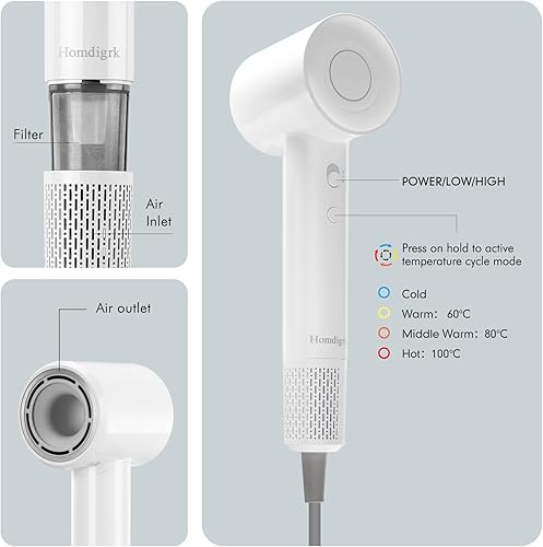 Miniatura 4 de Secador de pelo, secador de pelo iónico con difusor, secador de pelo pequeño de bajo ruido sin escobillas de alta velocidad, diseño