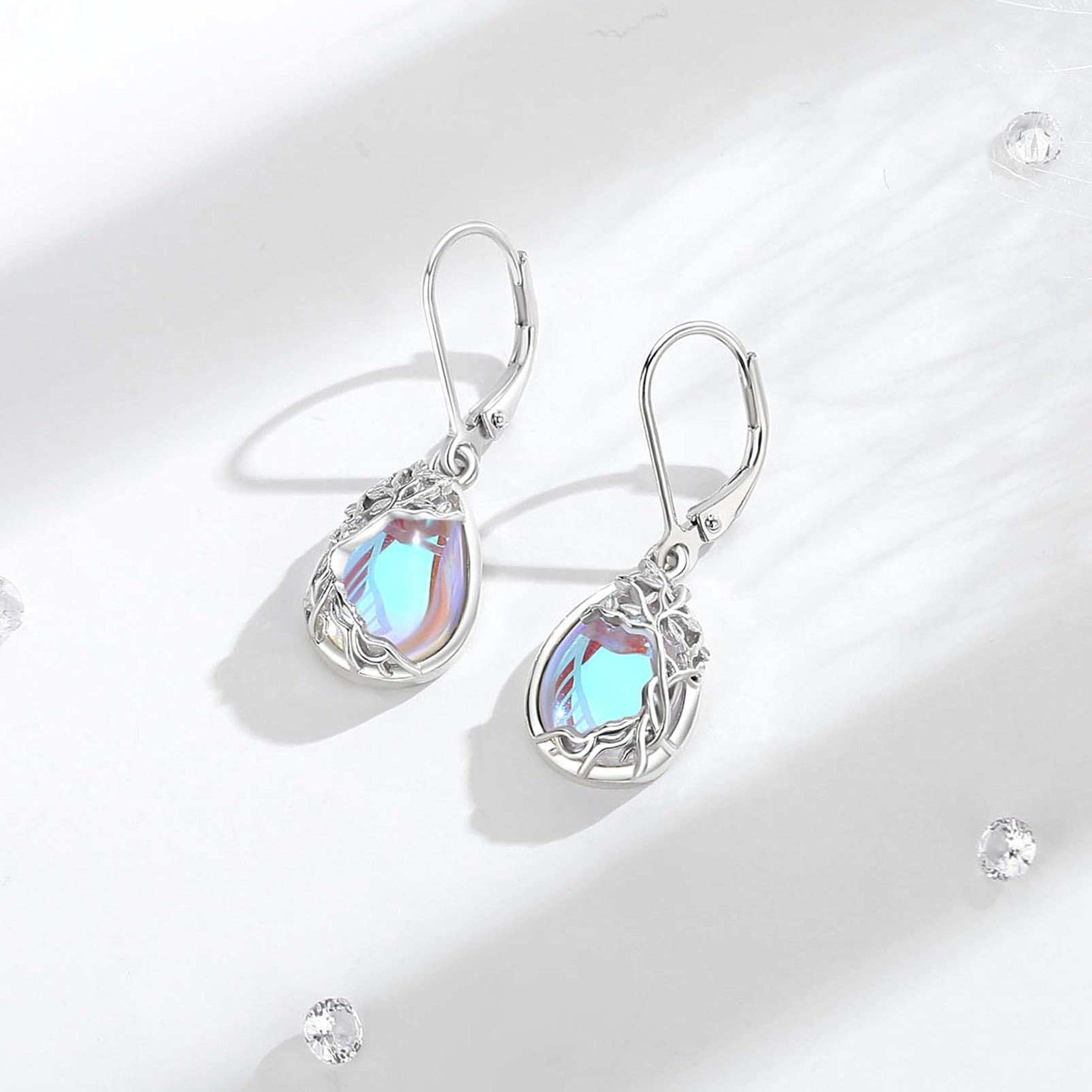 Plata de Ley 925 Pendientes de Árbol de la Vida/Tortuga Marina/Estrella de Mar/Serpiente Luna/Vaca Highland Pendientes de Turquesa Piedra de Luna Joyería Regalo para Mujer