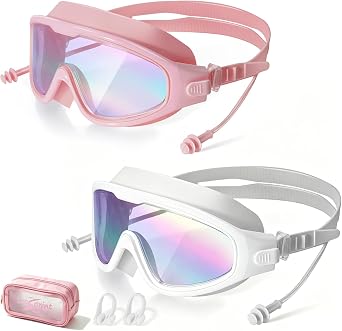 Adult Swimming Goggles,Leak-Proof,Anti-Fog Pool Glasses,Wide View Swim Goggles with Ear Plugs and Nose Clip