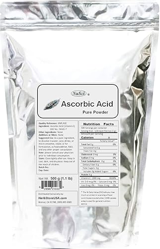 NuSci Ácido ascórbico Vitamina C Polvo puro USP y FCC Calidad (500 gramos (1.1 lb)) sin OMG No Irradiado