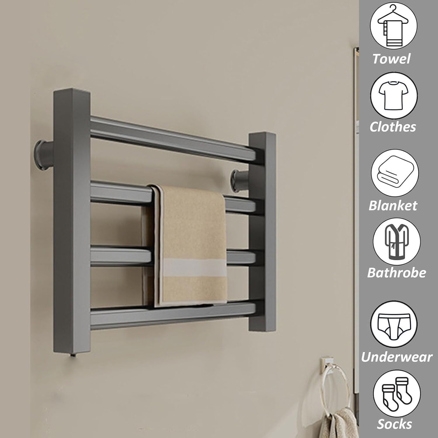 Small Plug-in,Energy-Saving Heated Drying Rack 4 Bars,Heated Towel Racks for Bathroom Wall Mounted,Gray,Plug in Left