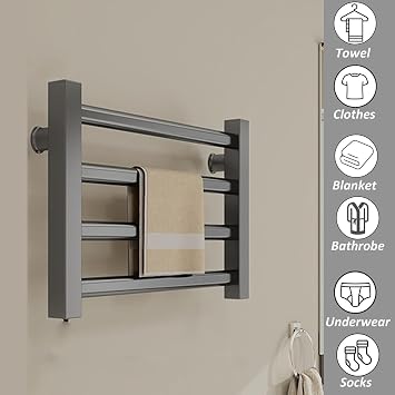 Küçük Plug-in, Isıtmalı Kurutma Rafı 4 Bar, Banyo Duvara Monte Isıtmalı Havlu Rafları, Gri, Sola Tak, Gri-Tak Sağa