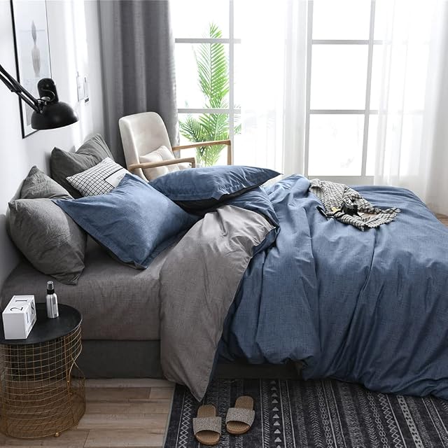 Michorinee Blue and Grey Double Duvet Cover Set Reversible Plain Dye Blue Bedding Set with Pillow Cases 3 pcs Microfiber Easy Care Super Soft Quilt Cover