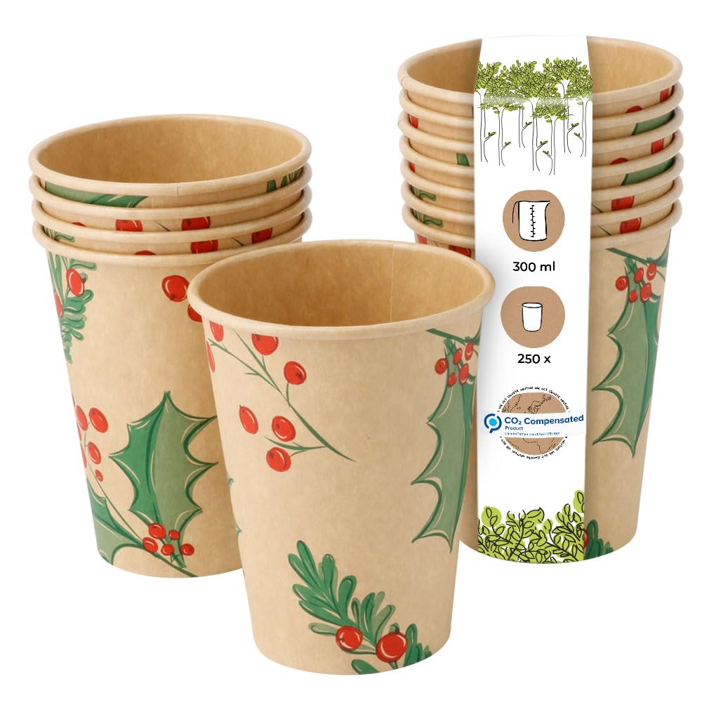 BIOZOYG 250 gobelets de 300 ml Branches' d'hiver pour café à emporter biodégradables à usage unique. Gobelets en carton compostable non blanchi pour le marché d'hiver.'