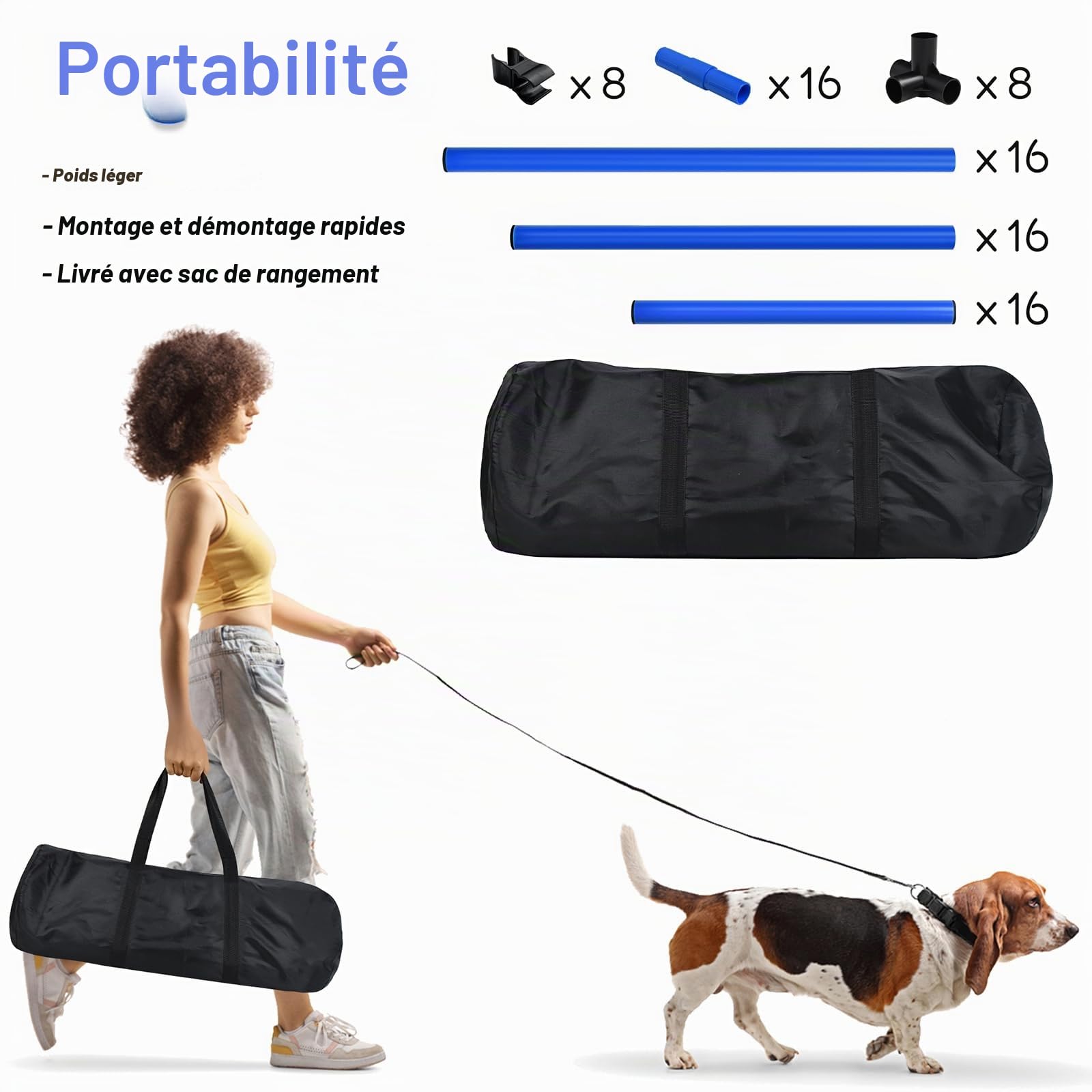 Ensemble d'obstacles d'agilité pour animaux de compagnie, set de 4 tiges de slalom pour entraînement de chien avec sac de transport, hauteur réglable, en plastique, bleu