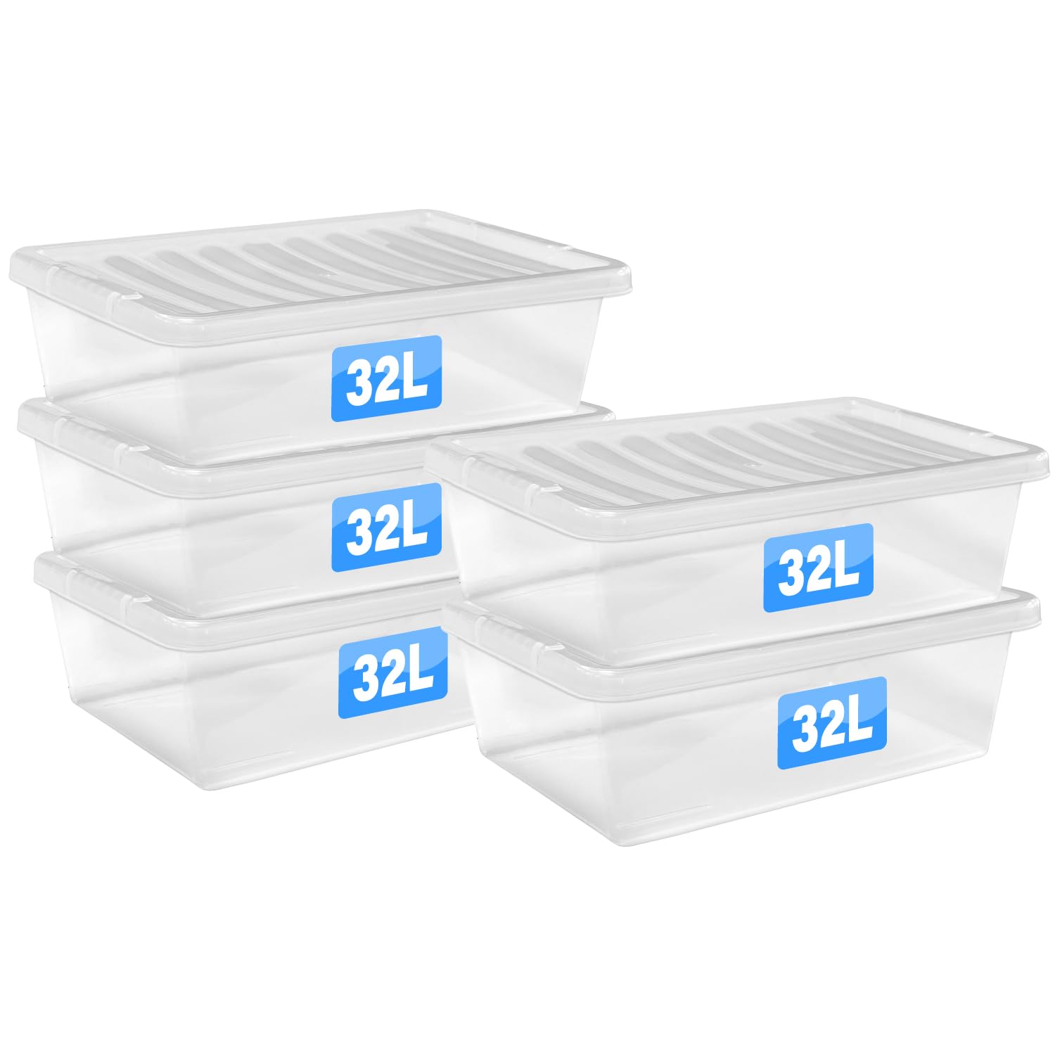 FINE STAR Set of 5 Crystal Clear Plastic Storage Box Boxes With Lids UK BRITISH MADE Home Office Stackable Nestable Shoe Boxes (32 LITRE UNDERBED)