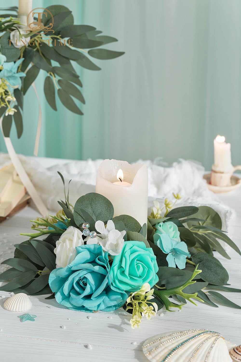 TINGE TIME 2pcs Artificial Flowers Candelabras Decoration, Teal Blue Floral Swag Greenery Garland for Rose Candle Rings for Wedding Ceremony Lantern Chair Decor Signs Decoration