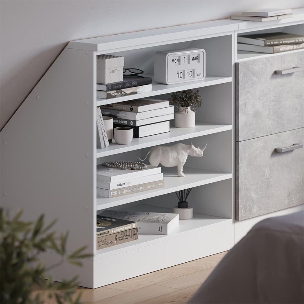 Vicco Dachschrägenschrank Rion, Weiß/Weiß, B80 x T46 cm mit 4 Fächern, platzsparend für Dachschrägen