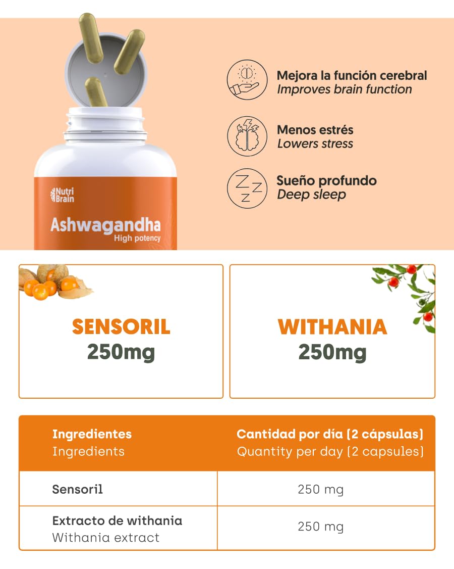 Ashwagandha Alta Potencia: Adaptógeno con Sensoril® (10% Withanólidos) | Sueño Profundo, Estrés, Bienestar, Energía, Concentración | 120 cápsulas | 4 Meses | 2x Más Concentrado que Ashwagandha KSM-66