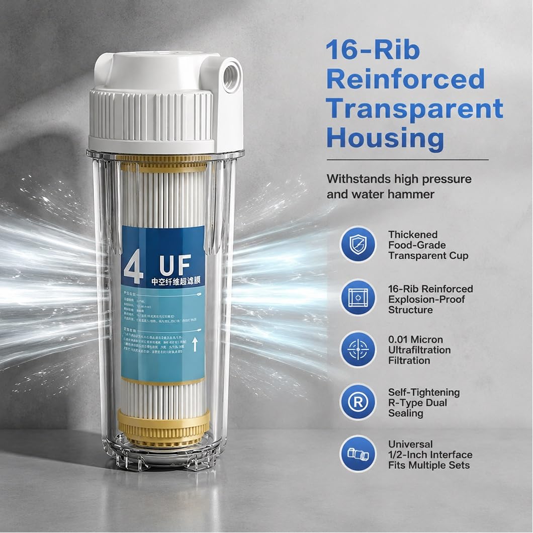 3 Carcasas Filtro Transparentes Compatibles 10" Con Cartuchos Membrana UF Fibra Hueca,0,01 Micras,conectores 1/2", Prefiltración Universal Sistemas Agua Residenciales