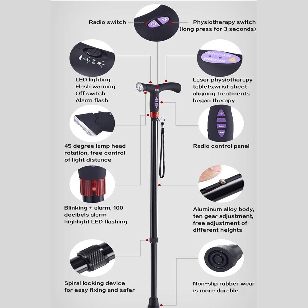 Bastón LED Plegable Radio FM Inteligente Anciano Bastón Iluminación Alarma telescópica Musical Música Ultraligera Bastón electrónico para Ancianos Interesting