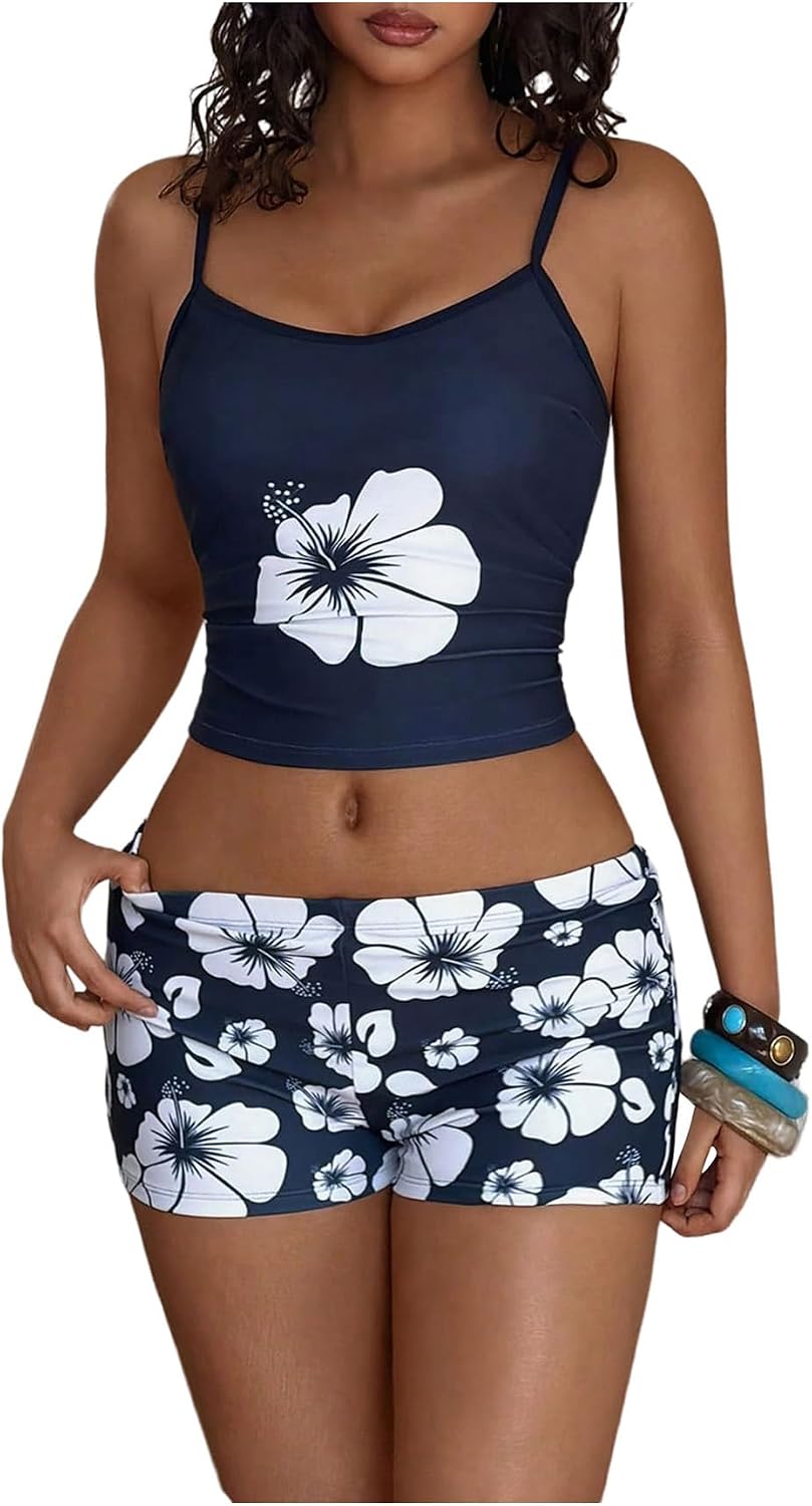 Floerns Women's Floral Tankini Sets Spaghetti Strap Camisole with Boyshorts Swimsuits