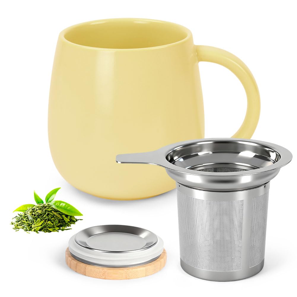 AOOTE Tea Cup with Infuser and Lid, 480ml Large Tea Mug, Ceramic Mug with Wooden Lid and Stainless Steel Infuser for Teas, Coffee, Water, Teas Cup for Office Home Use, Dishwasher Safe, Yellow