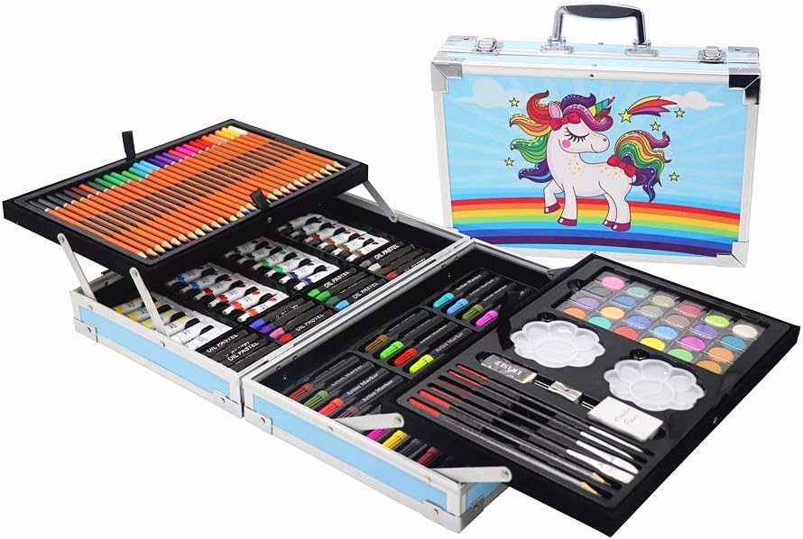 Prancing Unicorn Art Set Drawing Painting Sketching Colouring Stationary For Kids, Adults 145 Pcs All in 1 Art Case Sketching,Water Colors Vanity Box Gift For Kid (Blue Unicorn)