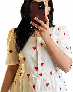 Women's Rayon Heart Print Fit and Flare Kurta, White, Square Neck, Short Sleeve Price In India