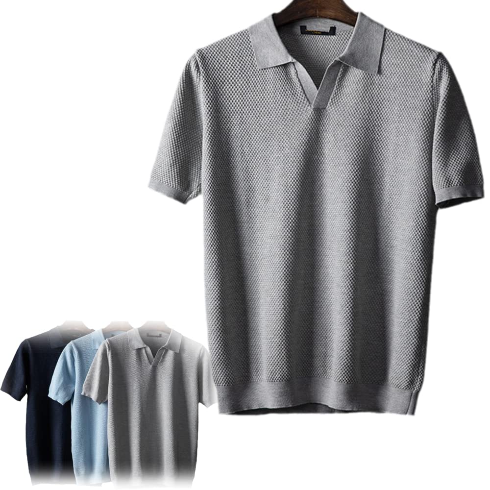 Tom Harding Knitted Polo Shirt Solid Color Mens Cotton Knit Golf Fit Knitting Tops Simple Style Pullover Polo Shirt (M,Gray)