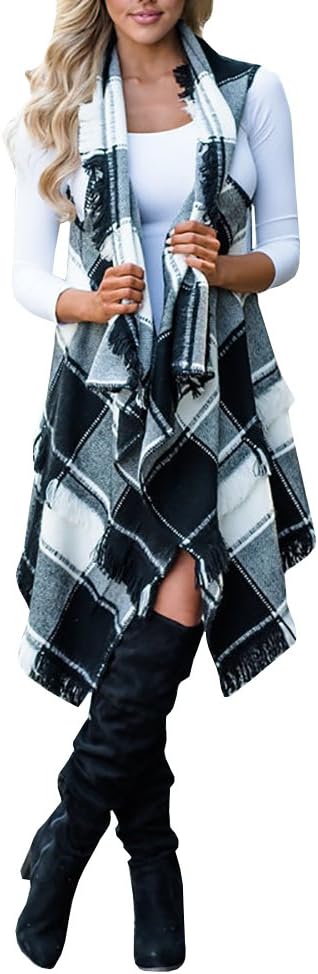 Soulomelody Womens Sleeveless Plaid Tassel Cloak Flannel Fall Long Cardigan Open Front Drape Cape Vest with Fringes Black