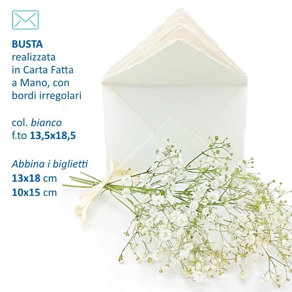 Buste in Carta Artigianale con Bordi irregolari, 13,5x18,5 cm, Confezione da 10, Made in Italy (Bianco)