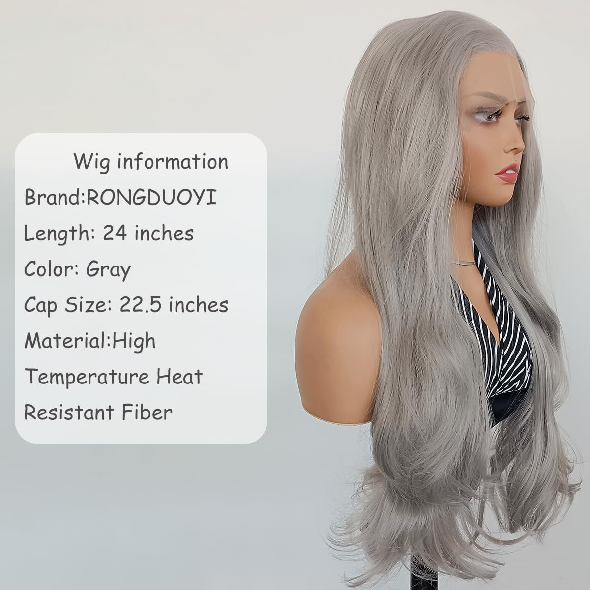 RONGDUOYI 24Inch Long Grey Natural Wave Wig 13x4 Lace Front Heat Resistant Synthetic Natural Hairline Free Part Women Hair For Halloween Chirstmas Cosplay Daily Party