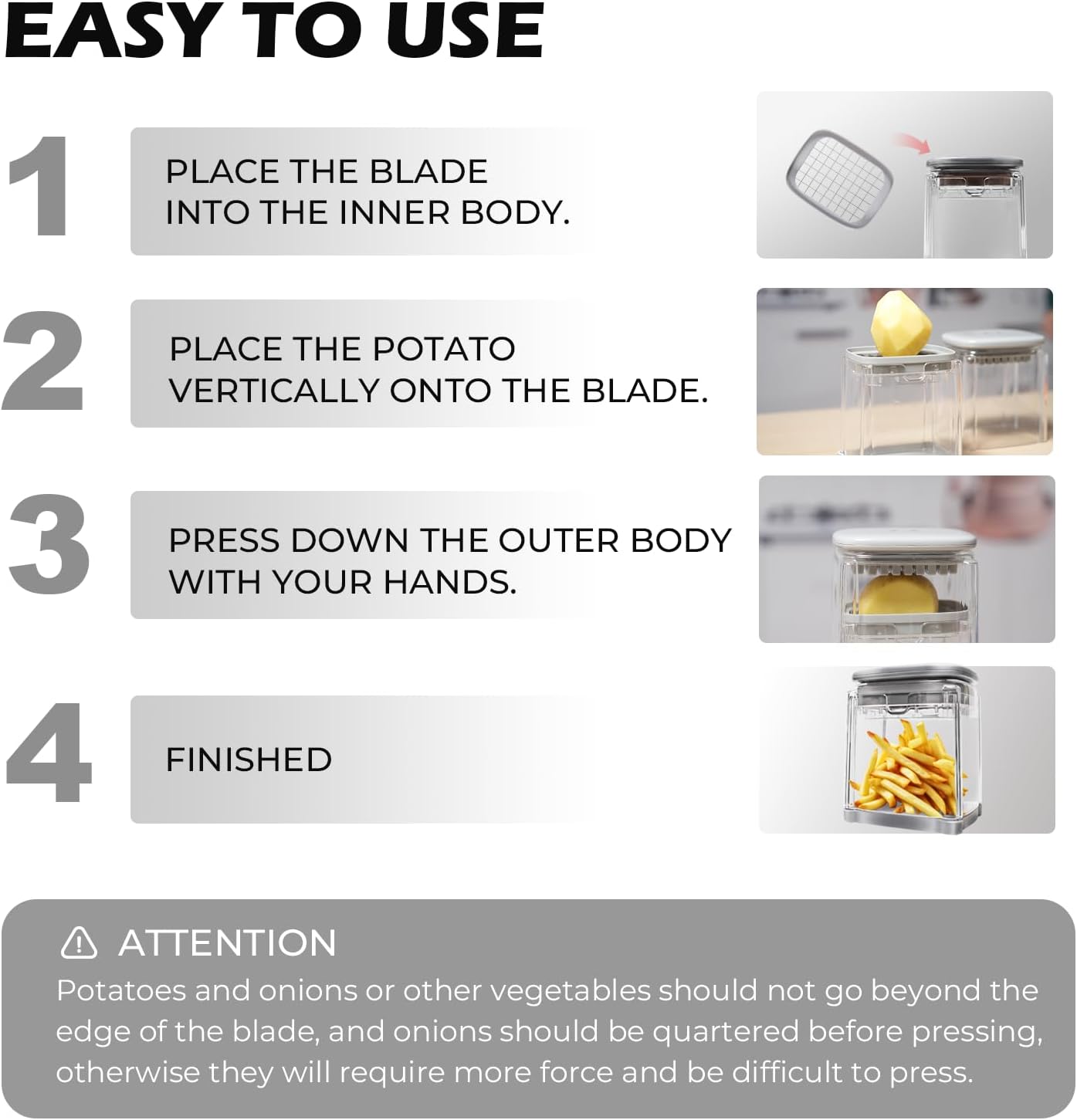 4-in-1 French Fry Cutter Potato Slicer with Container Manual Vegetable Chopper with 4 Blades Potato Cutter for Fries Apple Slicer & Onion Dicer