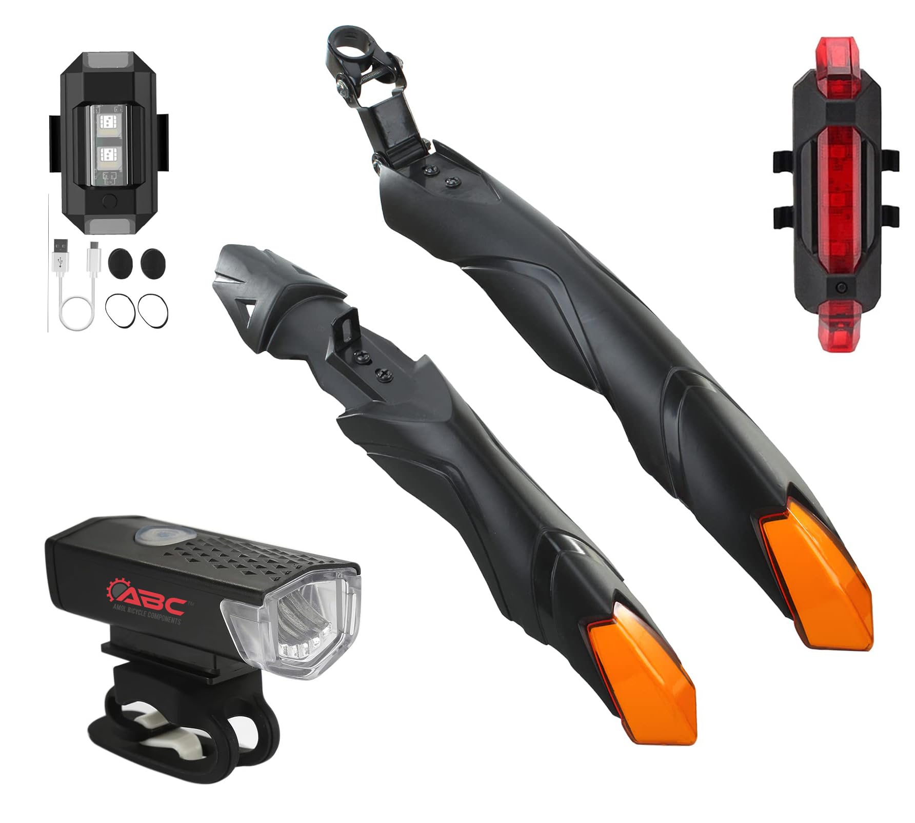 ABC Bicycle Front & Rear Mudguard with Night Reflector + Cycle Waterproof USB Rechargeable Front Rear and Helmet Light (Orange) (B0CNWNYV42) Amazon Price History, Amazon Price Tracker