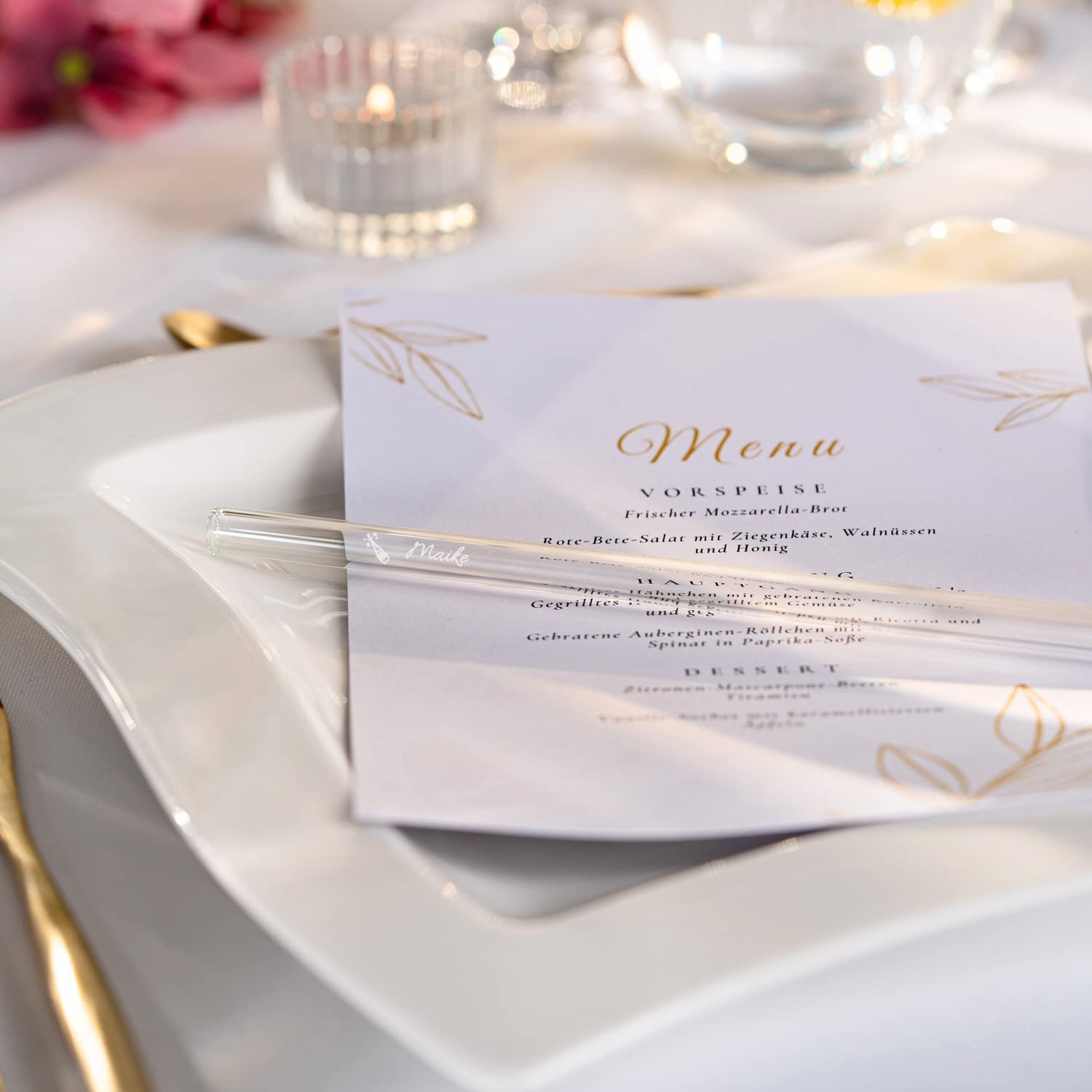 Gastgeschenke für Hochzeit mit 50 individuellen Namen oder Texten graviert - Personalisierte Glasstrohhalme mit Gravur für Kommunion, Taufe, Abschied, Erzieherin oder Hochzeitsgeschenk