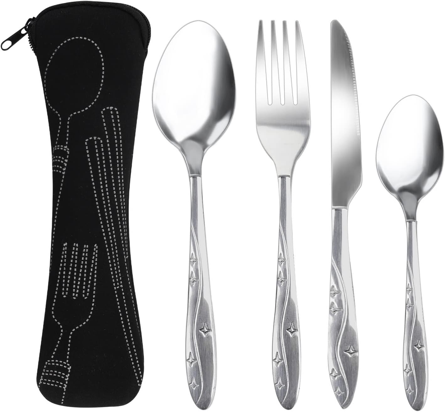 4 Pcs Cutlery Set with Portable Pouch Case, Stainless Steel Knife and Fork Flatware Set Camping Utensil Set for Picnic School Office Mirror Polished Dishwasher Safe(Black)