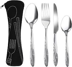 4 Pcs Cutlery Set with Portable Pouch Case, Stainless Steel Knife and Fork Flatware Set Camping Utensil Set for Picnic School Office Mirror Polished Dishwasher Safe(Black)