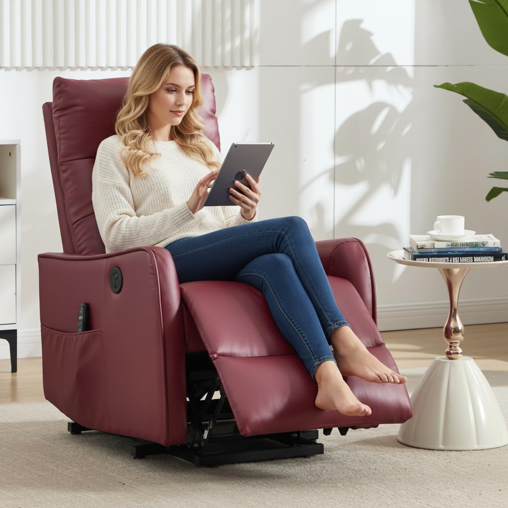 PELUMY Power Lift Recliner Chair with Massage and Heat for Elderly, Single Motor Electric Lift Chair, Heavy Duty Recliner with USB Charging & Side Pockets (Breathable Leather, Red)
