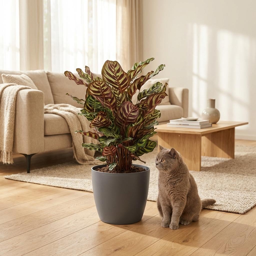 Calathea Makoyana pawie maranta koszowa 70 cm – roślina pokojowa w kolorze szarym, Ø 19 cm – dekoracyjny rysunek liści z fioletowym spodem – łatwa w pielęgnacji, oczyszcza powietrze do mieszkania i